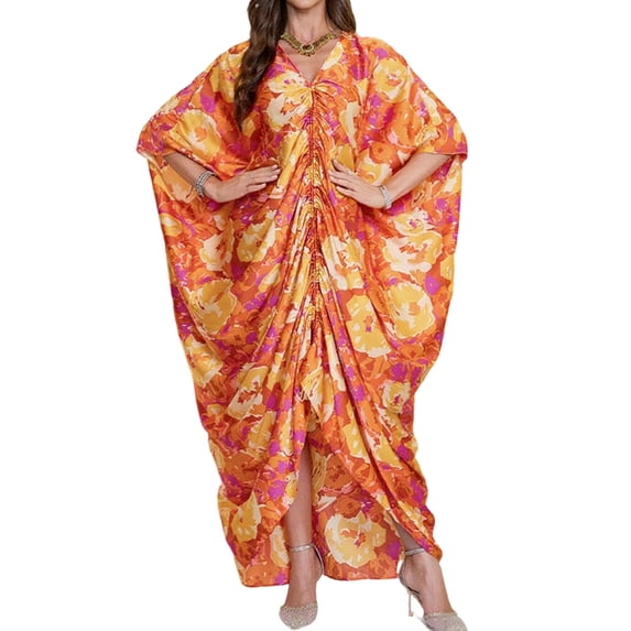 FRSASU Women's Beach Cover up Caftan V-Neck Plus Size Batwing Sleeves Moss Spring Summer Long Caftan Dress Multicolor