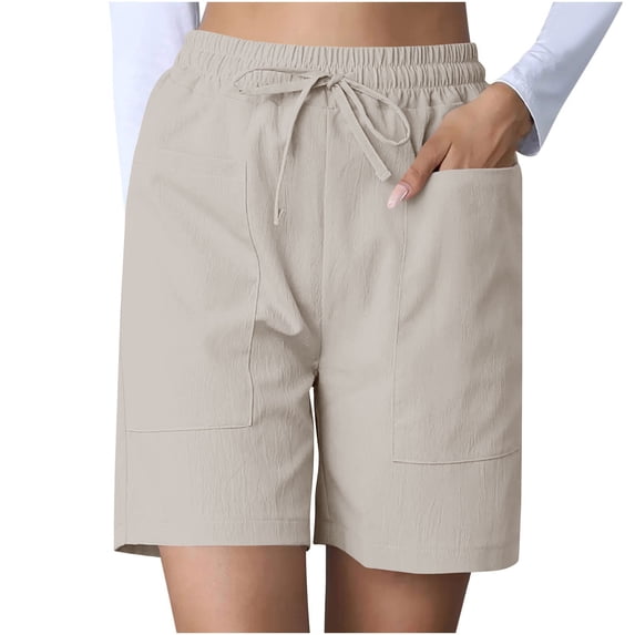 FRSASU Women's Bermuda Shorts Summer High Waisted Casual Short Elastic Drawstring Quick Dry Pull On Short with Pocket Beige