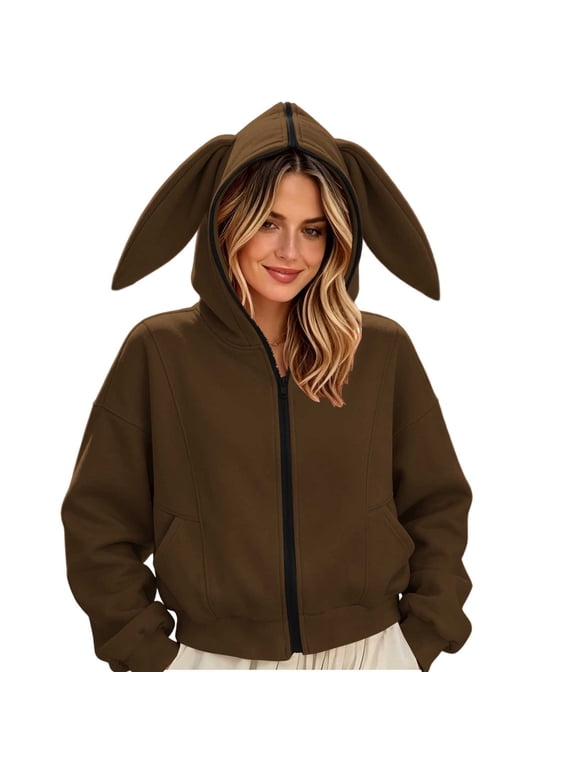 Women's Big Bunny Ear Full Zip Sweatshirt, Long Sleeve Loose Hooded Outerwear Jackets with Pockets Brown