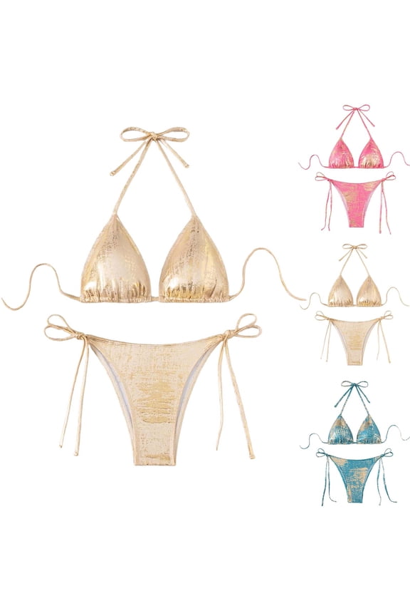 Women's Bikini Sets Sparkling Fabric Two Piece Bathing Suits Halter Bikini Swimsuits Side Tie Thong Bottom Swimwear Hot Pink