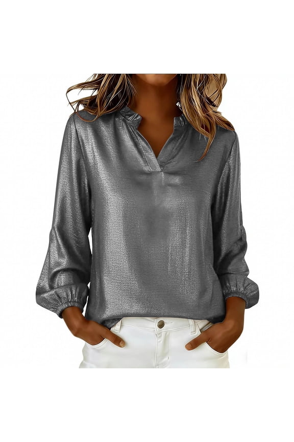 Women's Blouses V Neck Dressy Hot Stamping Casual Lantern Long Sleeve Tops Party Raglan Shirts Fashion Silver