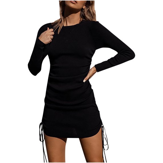 FRSASU Women's Bodycon Ruched Mini Dress Long Sleeve Drawstring Stretchy Casual Ribbed Party Club Dresses Black