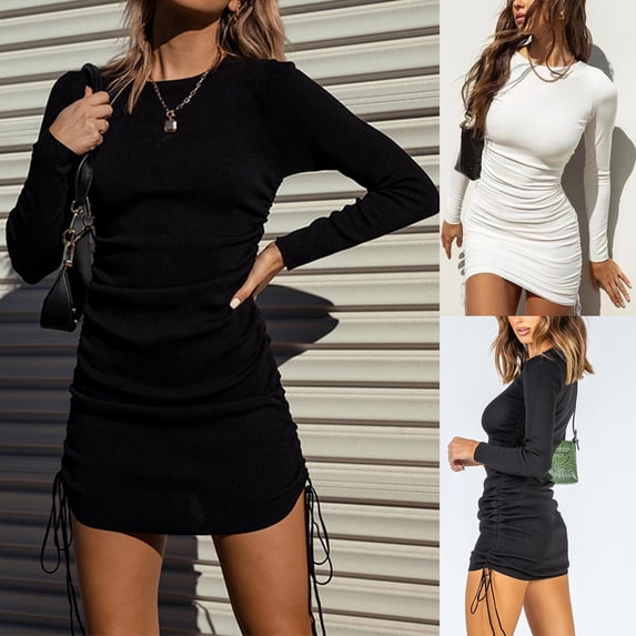 FRSASU Women's Bodycon Ruched Mini Dress Long Sleeve Drawstring Stretchy Casual Ribbed Party Club Dresses White