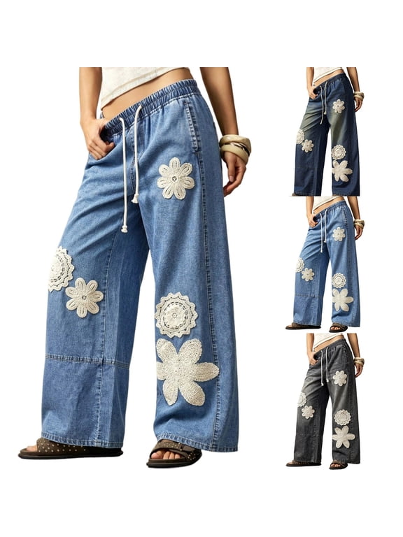 Women's Boho Crochet Flower Applique Wide Leg Jeans Elastic Waist with Drawstring Relaxed Washed Denim Trousers Dark Blue