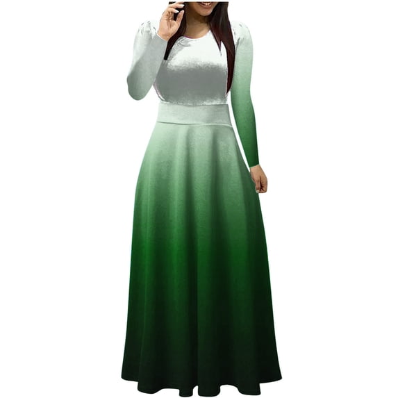 FRSASU Women's Boho Dresses Crew Neck Long Sleeve High Waist Smocked Gradient Print Wrap Halter Cocktail Dress Army Green