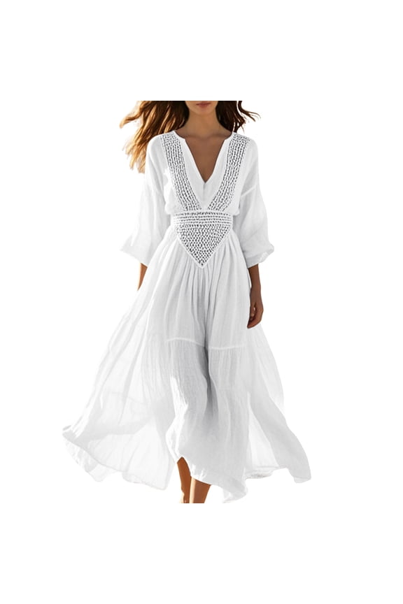 Women's Boho Maxi Dress Long Sleeve V-Neck Hollow Out Eyelet Embroidery Loose Dresses White