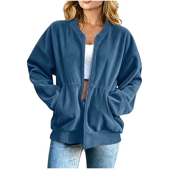 FRSASU Women's Bomber Jacket Zip Up Casual Jackets Cable Knit Lightweight Athletic Track Jacket Corduroy Coat with Pockets Blue