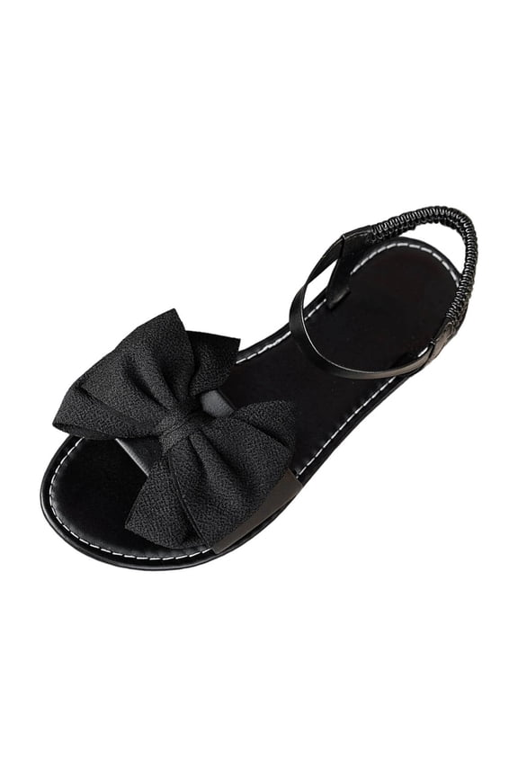 Women's Bow Comfy Summer Flats Sandals Dressy Open Toe Ankle Strap Summer Vacation Slides Shoes Black