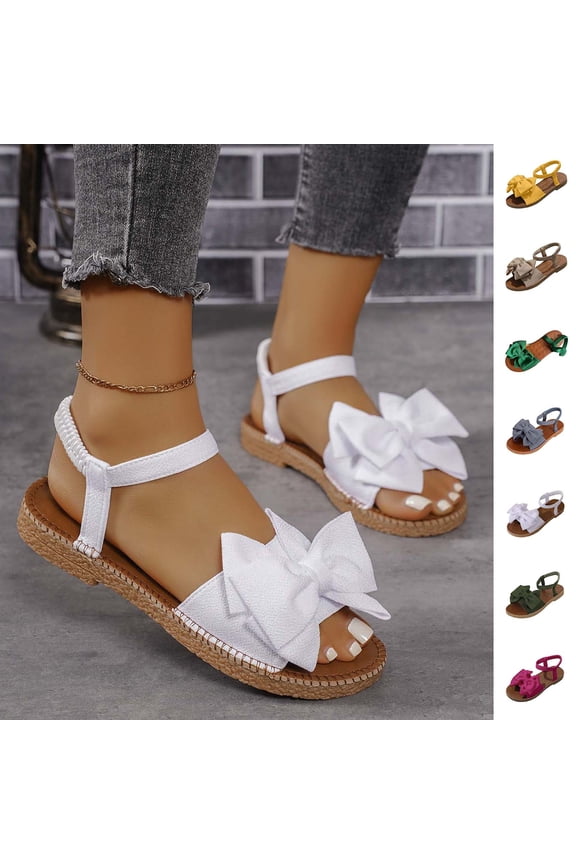 Women's Bow Flat Sandals Dressy Open Toe Ankle Strap Summer Vacation Slides Shoes Yellow