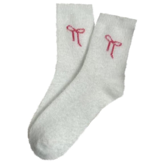 FRSASU Women's Bow Fuzzy Socks Bow Embroidery Printing Warm Cozy Slipper Socks Soft Fluffy Home Sleeping Gift White