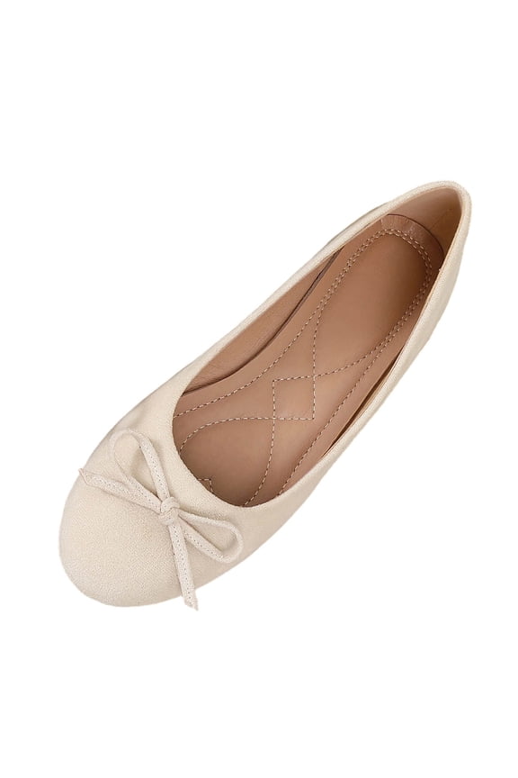 Women's Bow Knot Lace Ballet Flats Beaded Closed Toe Spring Summer Soft Flats Low Heel Beige