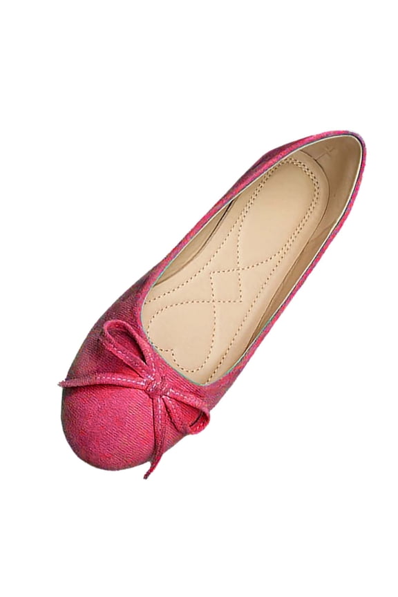 Women's Bow Knot Lace Ballet Flats Beaded Closed Toe Spring Summer Soft Flats Low Heel Hot Pink