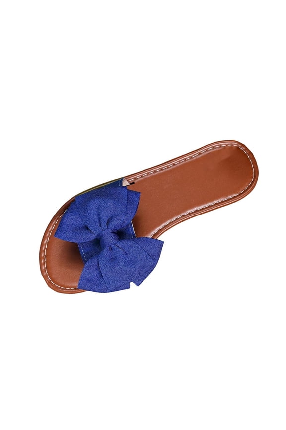 Women's Bow Knot Slides Open Toe Flat Sandals Summer Beach Soft Slip On Slippers Blue