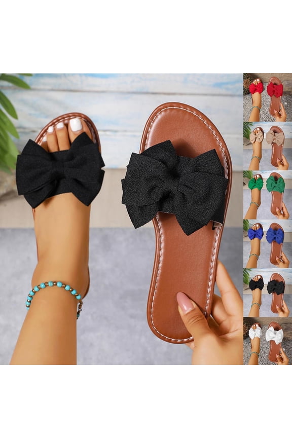 Women's Bow Knot Slides Open Toe Flat Sandals Summer Beach Soft Slip On Slippers White