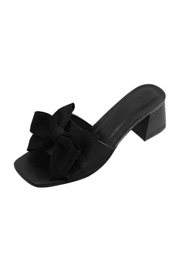 Women's Bow Tie Chunky Heel Sandals Open Square Toe Low Block Heel Sandals Summer Wedding Dress Shoes Pumps Black