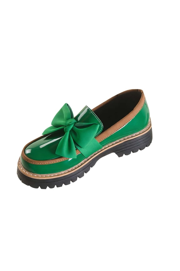 Women's Bowknot Thick Sole Loafers, Casual Spring & Fall Casual Patent Leather Dress Shoes, Cushioned Platform Chunky Heel Lug Sole for Daily Wear Army Green