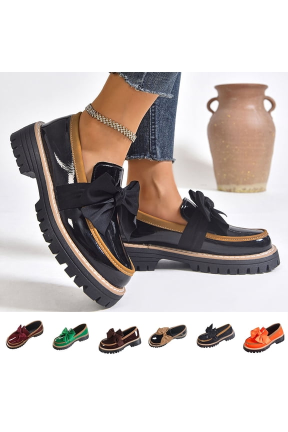 Women's Bowknot Thick Sole Loafers, Casual Spring & Fall Casual Patent Leather Dress Shoes, Cushioned Platform Chunky Heel Lug Sole for Daily Wear Wine