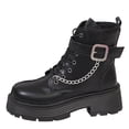 thumbnail image 1 of FRSASU Women's Buckle Chain Decor Platform Chunky Heel Boots Side Zipper Lace Up Non Slip Ankle Boots Black, 1 of 9