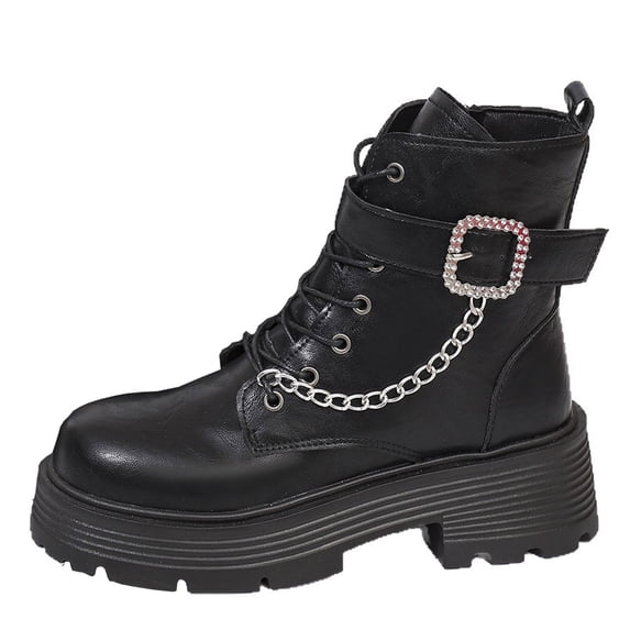 FRSASU Women's Buckle Chain Decor Platform Chunky Heel Boots Side Zipper Lace Up Non Slip Ankle Boots Black