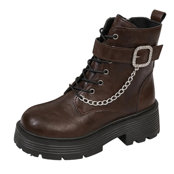 FRSASU Women's Buckle Chain Decor Platform Chunky Heel Boots Side Zipper Lace Up Non Slip Ankle Boots Brown