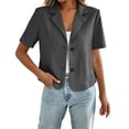thumbnail image 1 of FRSASU Women's Business Casual Cropped Blazer Lapel Collar Short Sleeve Open Front Button Down Suit Jacket Work office Blazer Dark Gray, 1 of 9
