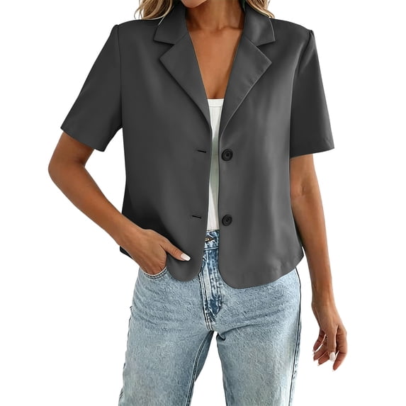 FRSASU Women's Business Casual Cropped Blazer Lapel Collar Short Sleeve Open Front Button Down Suit Jacket Work office Blazer Dark Gray