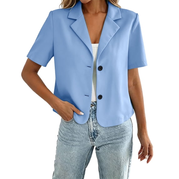 FRSASU Women's Business Casual Cropped Blazer Lapel Collar Short Sleeve Open Front Button Down Suit Jacket Work office Blazer Light Blue