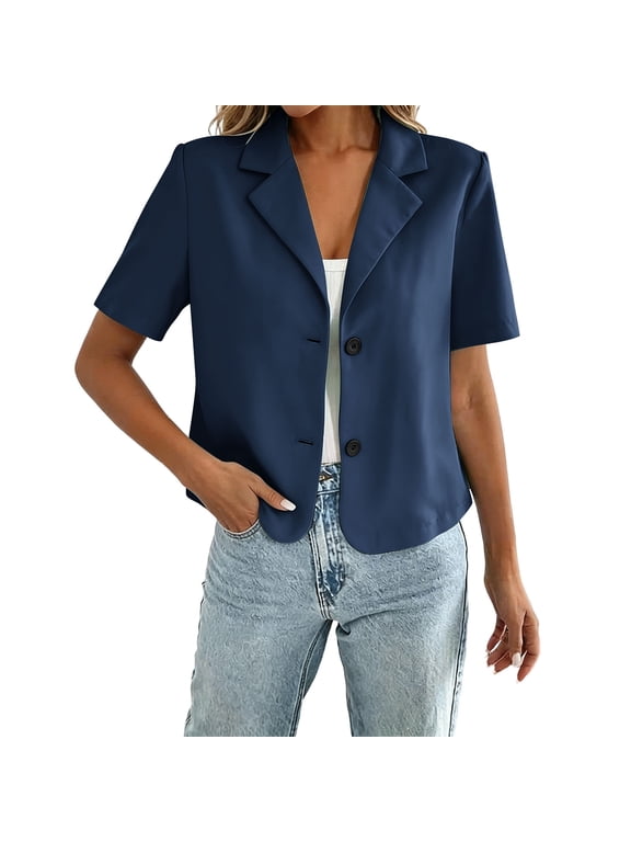 Women's Business Casual Cropped Blazer Lapel Collar Short Sleeve Open Front Button Down Suit Jacket Work office Blazer Navy