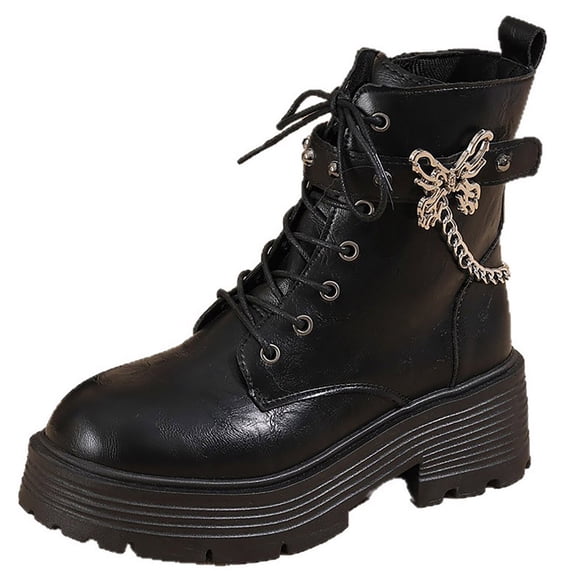 FRSASU Women's Butterfly Chain Decor Platform Lug Sole Boots Side Zipper Lace Up Chunky Heel Ankle Booties Black