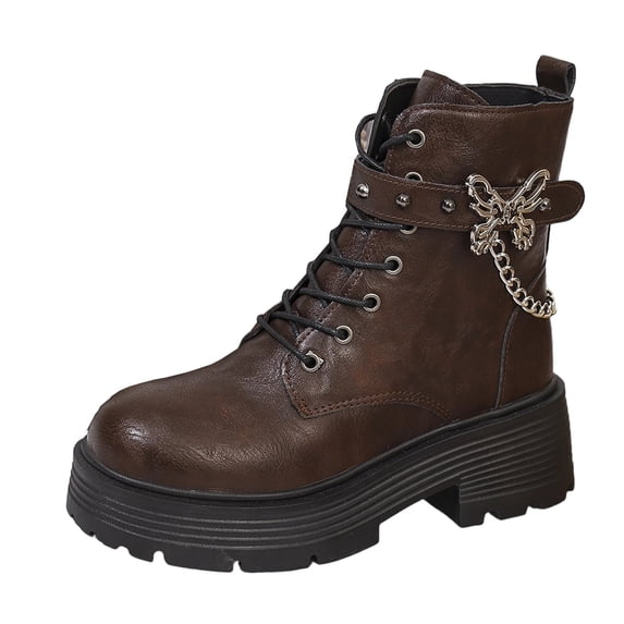 FRSASU Women's Butterfly Chain Decor Platform Lug Sole Boots Side Zipper Lace Up Chunky Heel Ankle Booties Brown