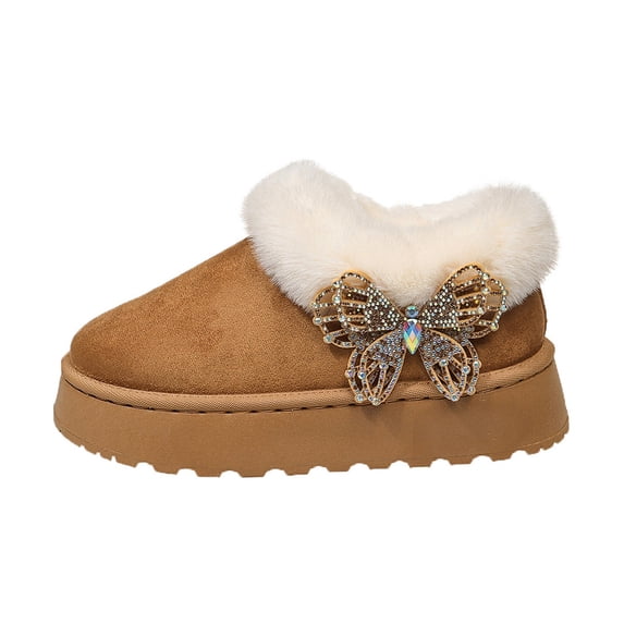 FRSASU Women's Butterfly Faux Fur Trim Platform Slip On Winter Boots Warm Lined Non Slip Closed Toe Ankle Booties Brown