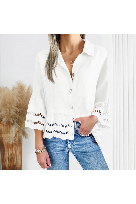 Women's Button Down Shirts 3/4 Bell Sleeve Lapel V Neck Lace Eyelet Blouses Casual Loose Hollow Out Ruffle Hem Tops White