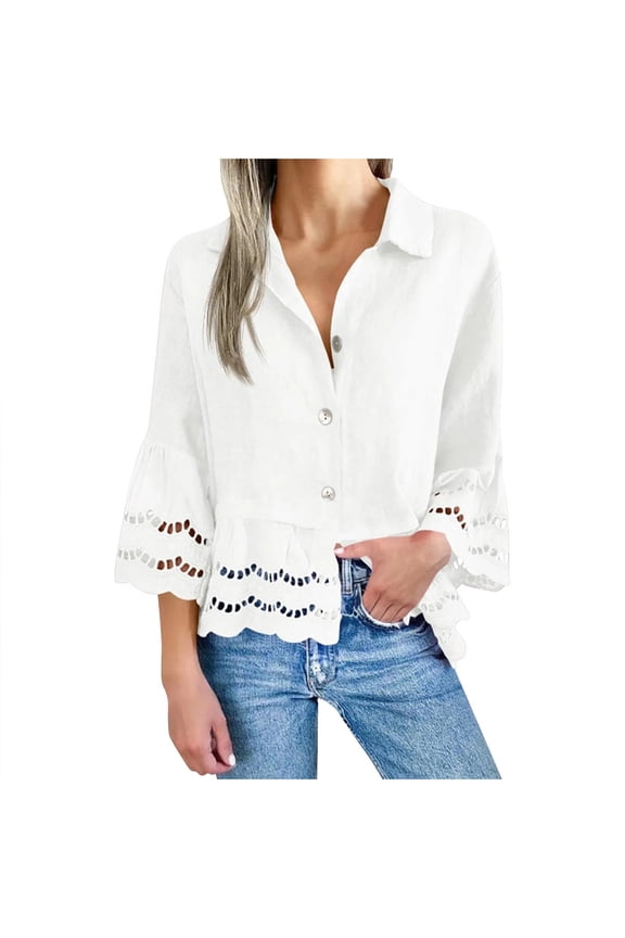 Women's Button Down Shirts 3/4 Bell Sleeve Lapel V Neck Lace Eyelet Blouses Casual Loose Hollow Out Ruffle Hem Tops White