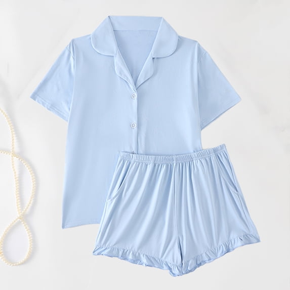 FRSASU Women's Button Down V Neck Short Sleeve Ruffle Trim Shorts Sleepwear Pajamas Set Light Blue