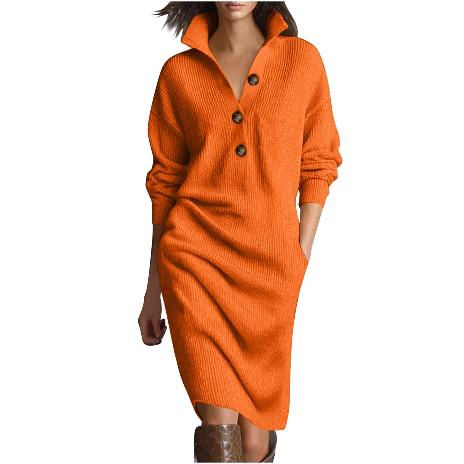 FRSASU Women's Button-Front Knit Shift Sweater Dress  Fitted Ribbed Long  Sleeve Polo Collar Casual Midi Dress with Pockets Yellow - Walmart.com