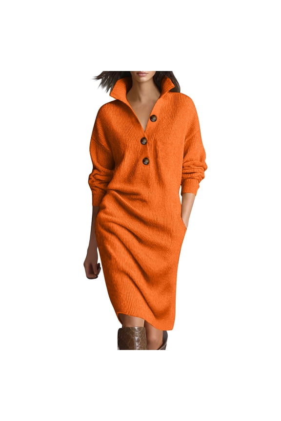 Women's Button-Front Knit Shift Sweater Dress – Fitted Ribbed Long Sleeve Polo Collar Casual Midi Dress with Pockets Orange