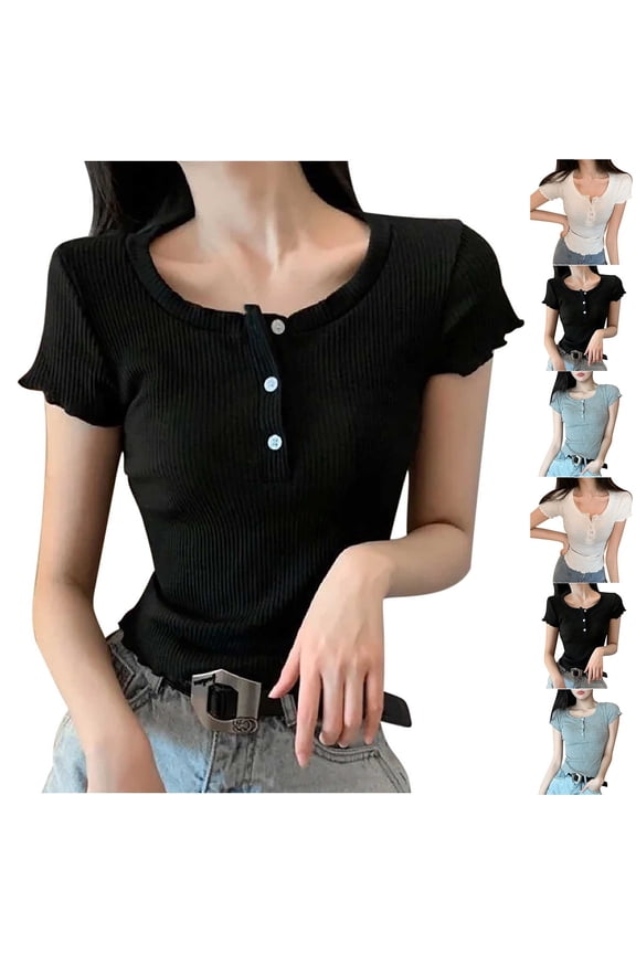 Women's Button Up Pointelle Minimalist Crop T-shirt Short Sleeve Lace Trim Tee Shirt White