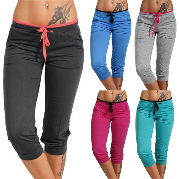 FRSASU Women's Capri Pants Cropped Joggers with Pockets Elastic Waist Drawstring Capri Sweatpants Light Blue