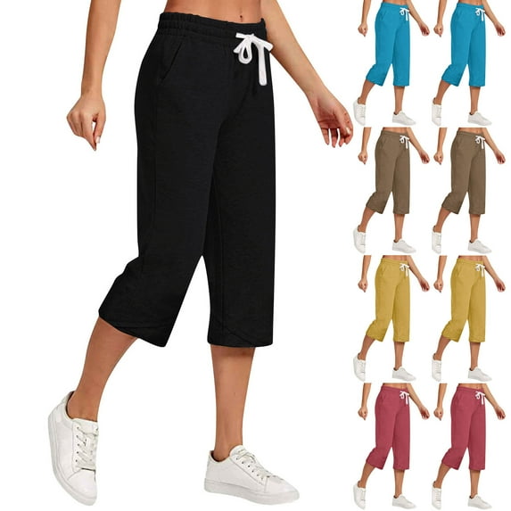 FRSASU Women's Capris Pants Cotton Yoga Capri Drawstring Casual Solid Wide Leg Workout Sweatpants Yellow 10(XL)