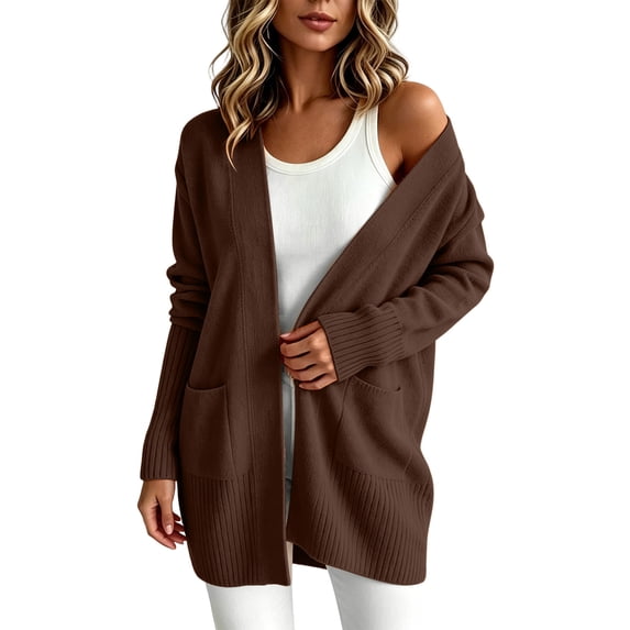 FRSASU Women's Cardigan Sweaters Knit Open Front Long Sleeve Textured Lightweight Sweater with Pockets Brown