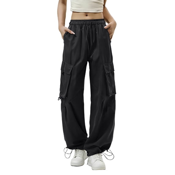 FRSASU Women's Cargo Pants Casual Hiking Loose Fit Parachute Pants High Waist Baggy Trousers with Multi Pockets Black