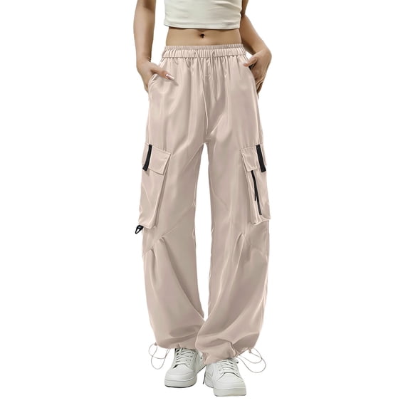 FRSASU Women's Cargo Pants Casual Hiking Loose Fit Parachute Pants High Waist Baggy Trousers with Multi Pockets Khaki