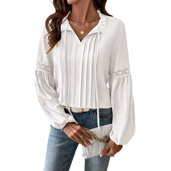 FRSASU Women's Casual Cotton Linen Long Sleeved Pleated Shirts Fashion Solid Color Crew Neck Shirts White