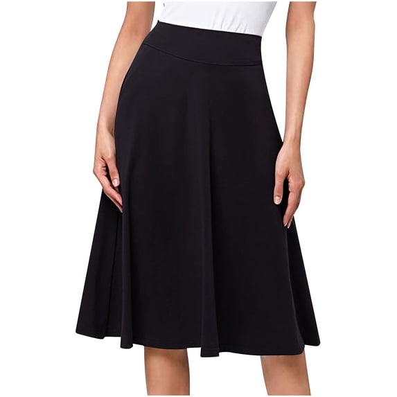 FRSASU Women's Casual Flared Knee Length Skirt Stretch A Line Solid Color Midi Skirt Elegant High Waist Skirts Black