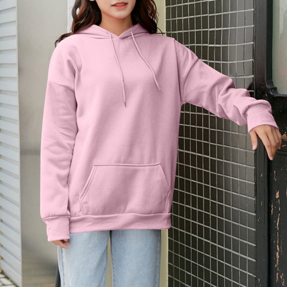 FRSASU Women's Casual Hoodies Long Sleeved Hooded Sweatshirts Round Neck Pocket Pullover Tops Fall Fashion Outfits Pink