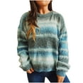thumbnail image 1 of FRSASU Women's Casual Long Sleeve Pullover Sweaters Gradient Color Stripes Crew Neck Sweater Fall Winter Knitted Jumper Tops Blue, 1 of 7