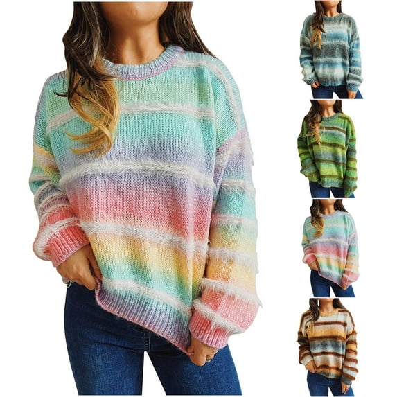 FRSASU Women's Casual Long Sleeve Pullover Sweaters Gradient Color Stripes Crew Neck Sweater Fall Winter Knitted Jumper Tops Yellow