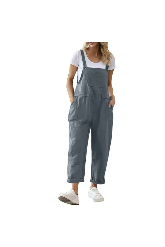 Women's Casual Loose Long Cotton Linen Overalls Solid Baggy Plus Size Jumpsuits Rompers with Pocket Gray
