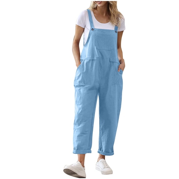 FRSASU Women's Casual Loose Long Cotton Linen Overalls Solid Baggy Plus Size Jumpsuits Rompers with Pocket Light Blue