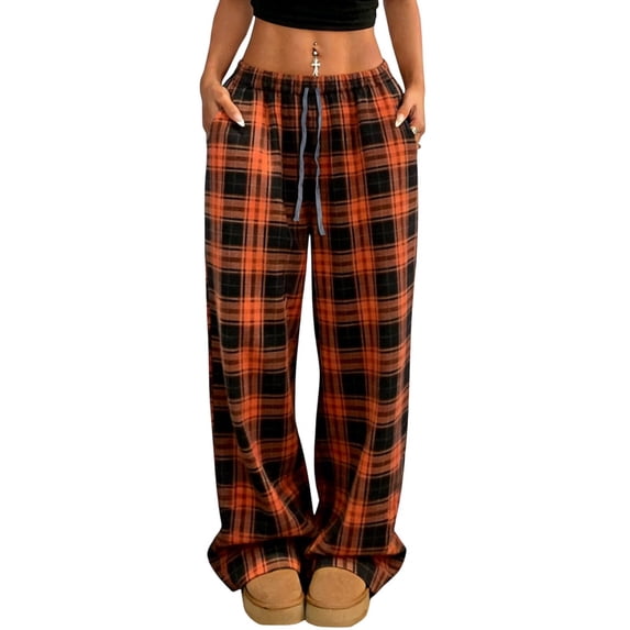 FRSASU Women's Casual Loose Plaid Printed Wide Leg Pants High Waist Straight Leg Gingham Trousers with Pockets Orange